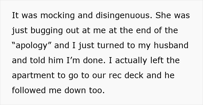 Text from a woman describing her mother-in-law&rsquo;s rude comments and her husband finally breaking down.