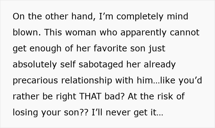 Text excerpt discussing a woman's strained relationship with her son amid years of rude comments from her MIL.