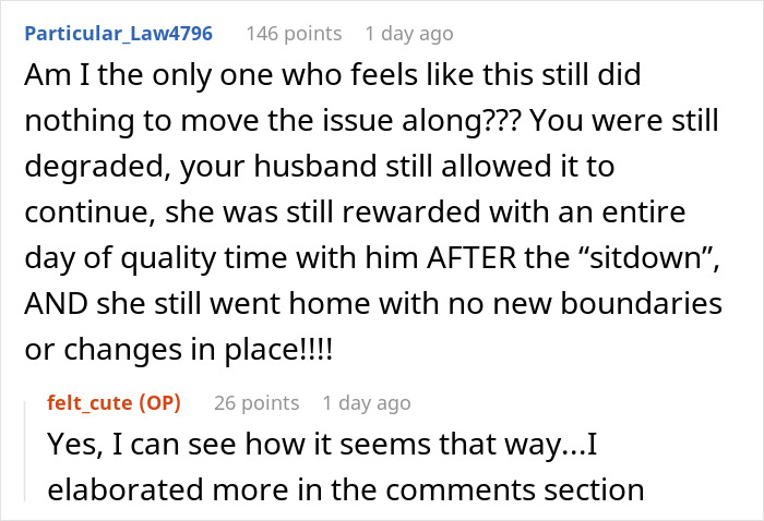 Screenshot of a Reddit conversation discussing a husband's reaction to rude comments from mother-in-law over years.