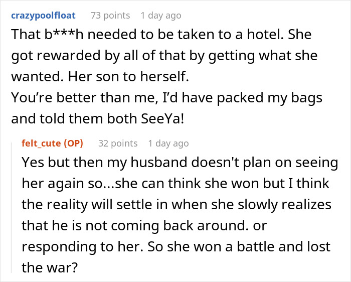 Reddit conversation showing a woman&rsquo;s husband breaking down after years of rude comments from her mother-in-law.