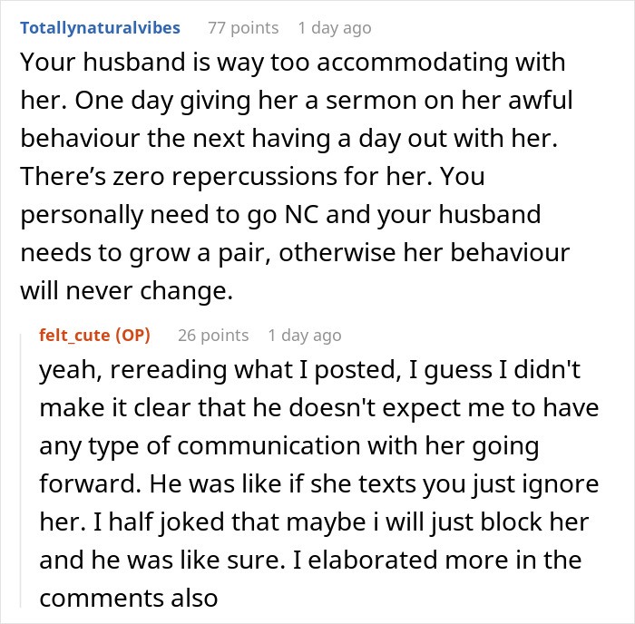 Reddit conversation about husband setting boundaries with rude mother-in-law and ignoring her texts to protect emotions.
