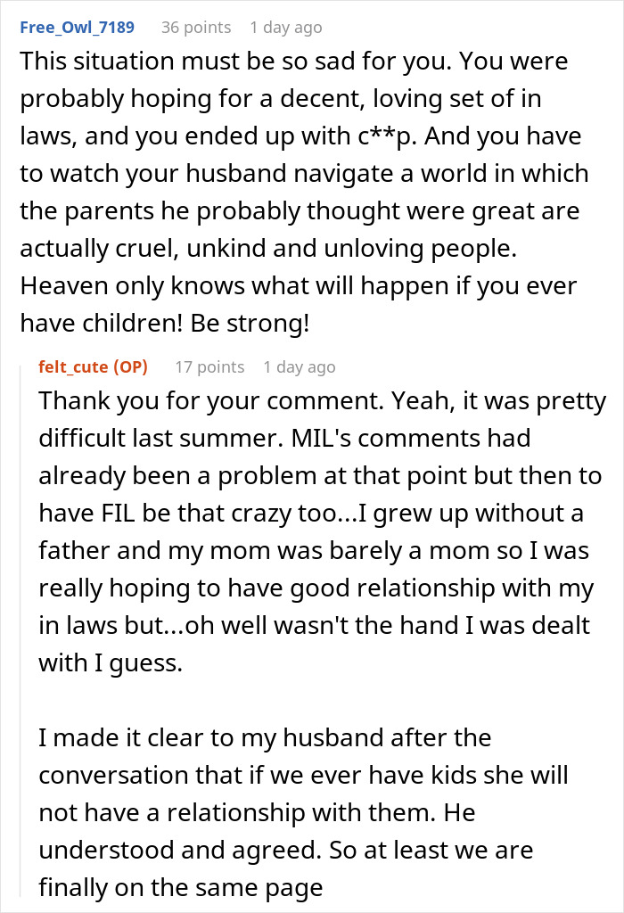 Reddit conversation about a woman&rsquo;s MIL rude comments and husband breaking down over family emotions issues.