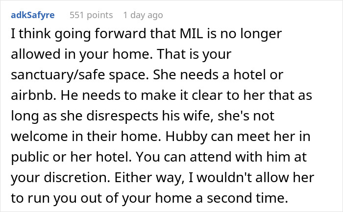 Comment discussing boundaries with rude mother-in-law and a husband finally breaking down about emotional disrespect.