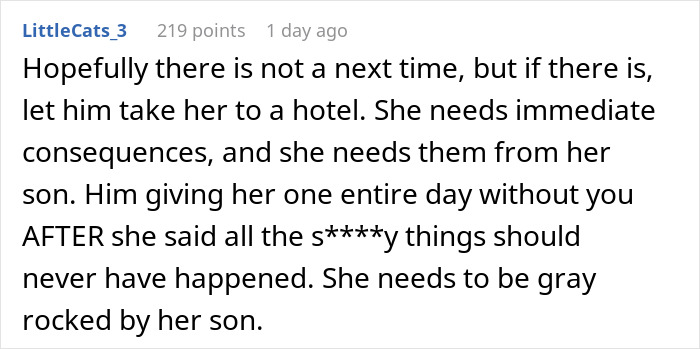 Reddit comment discussing consequences for rude behavior from a mother-in-law and husband finally breaking down.