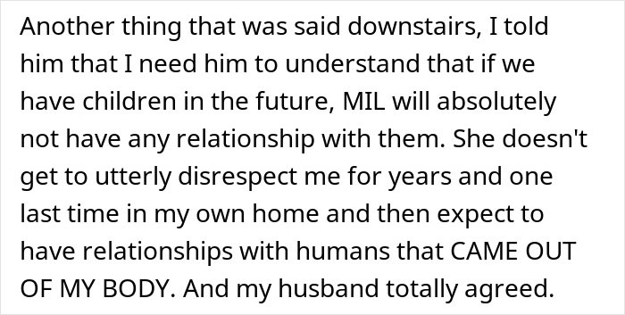 Text excerpt about woman confronting MIL's rude comments and husband agreeing, highlighting family tension and emotions.