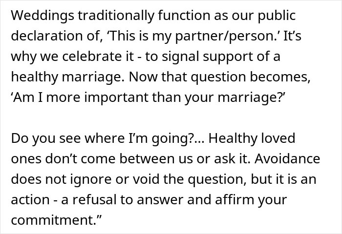 Text excerpt about weddings symbolizing support for marriage, highlighting boundaries with healthy loved ones and refusal to ignore commitment.