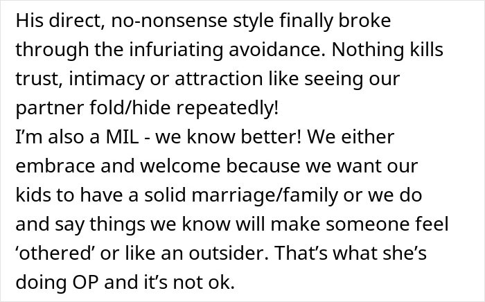 Text excerpt discussing mother-in-law&rsquo;s rude comments affecting family trust and a husband&rsquo;s emotional breakdown.