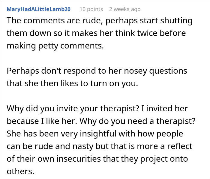 Comment thread discussing rude mother-in-law&rsquo;s behavior and the husband finally breaking down over years of emotional strain.