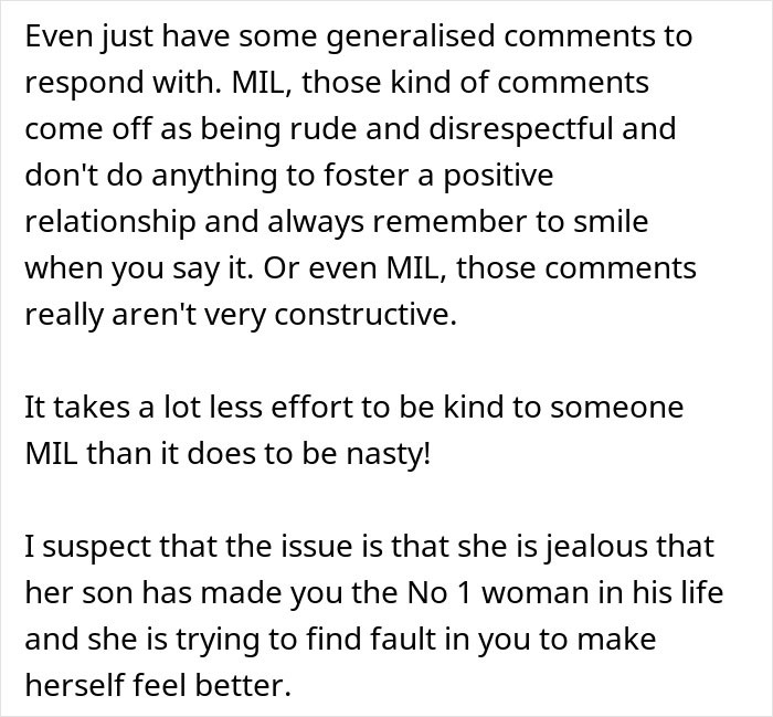 Text discussing rude and disrespectful comments from a mother-in-law and their impact on family relationships.