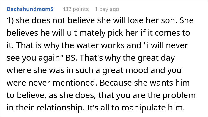 Screenshot of a Reddit comment discussing a mother-in-law&rsquo;s rude comments and its effect on the husband&rsquo;s emotions.