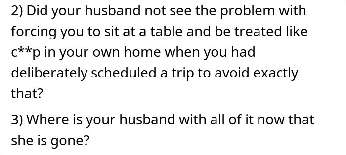 Text excerpt showing a woman confronting husband's lack of support amid rude comments from mother-in-law over years.