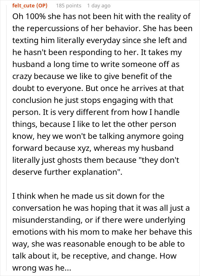 Text from a Reddit post discussing a husband finally breaking down after years of rude comments from his mother-in-law.