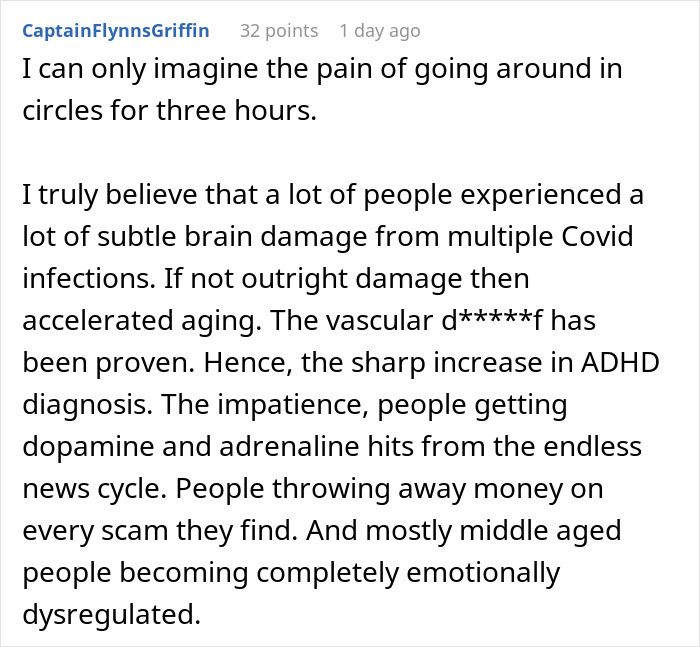 Reddit comment discussing emotional dysregulation linked to brain damage and impatience during ongoing stressful events.