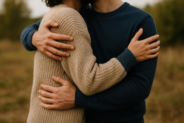 Close-up of two people embracing outdoors, illustrating awkward moments that can ruin a first date.