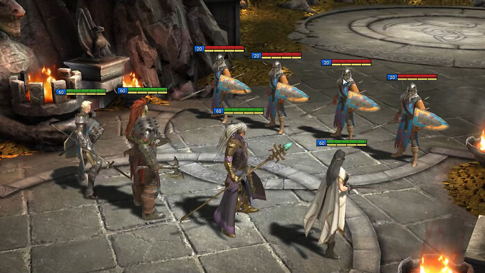 Fantasy game battle scene showing armored warriors and mages preparing to fight in a detailed dungeon setting.