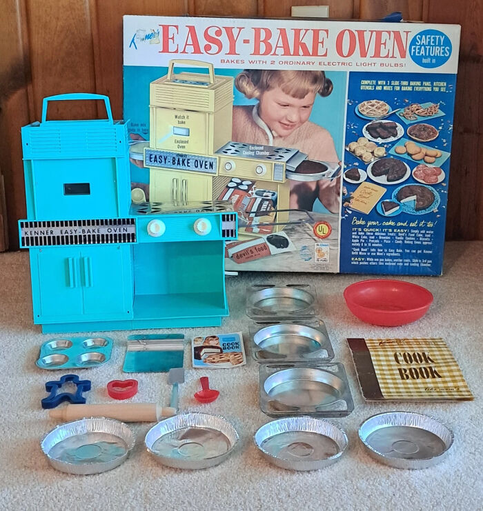 Vintage toys worth fortune shown by a classic Kenner Easy-Bake Oven with original box and baking accessories displayed.