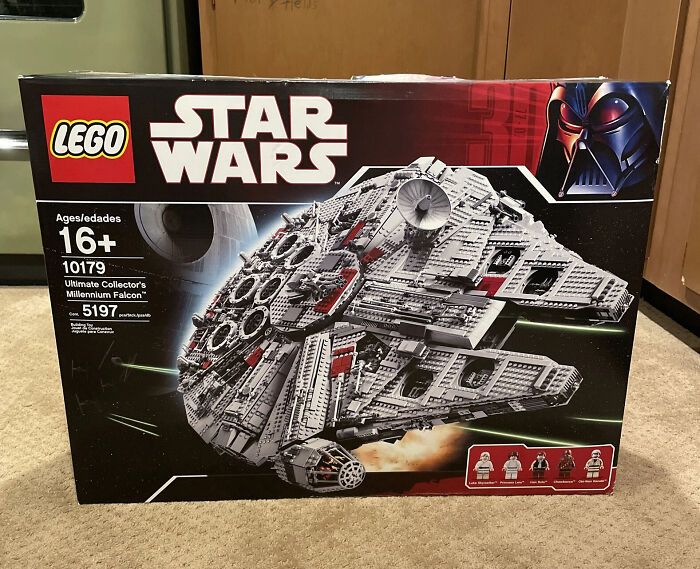 LEGO Star Wars Millennium Falcon set box displayed on carpet representing vintage toys worth fortune collection.