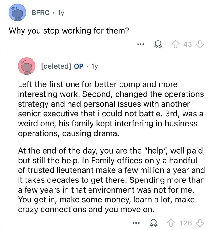 Person sharing reasons for leaving jobs working with billionaire families due to challenges and family business drama.