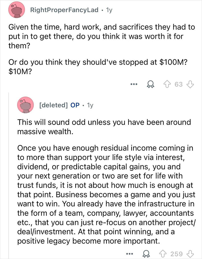 Reddit conversation discussing insights from a person with experience working with billionaire families and wealth management.