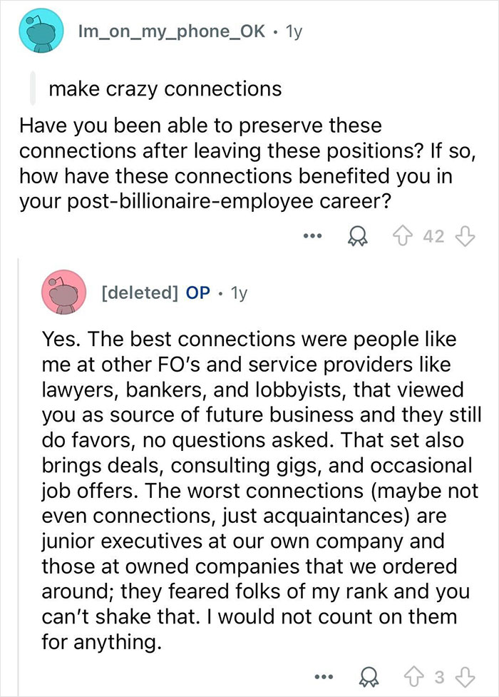 Screenshot of a Reddit conversation about preserving valuable connections after working with billionaire families.