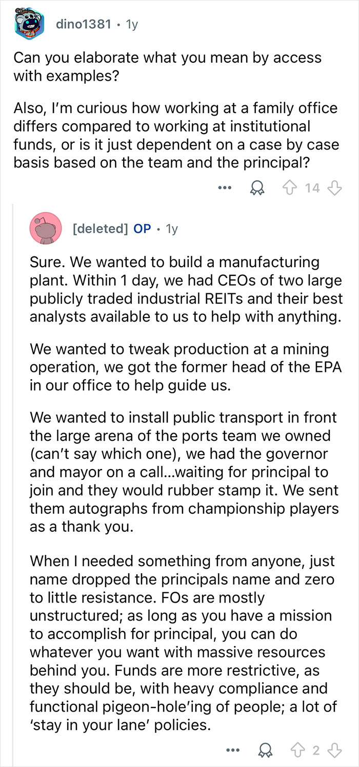 Reddit Q&A discussion about working at a family office versus institutional funds, highlighting billionaire family insights.