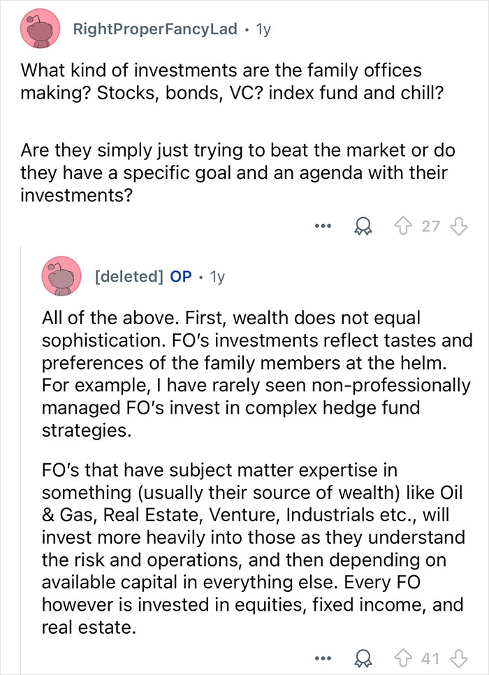 Reddit discussion about family offices' investments, strategies, and preferences from someone who worked with billionaire families.