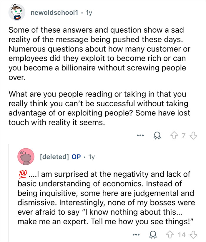 Reddit comment discussing questions and answers related to working with billionaire families and economic insights.