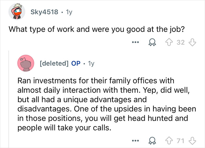 Reddit user explains running investments for billionaire family offices with daily interaction and unique job advantages and challenges.