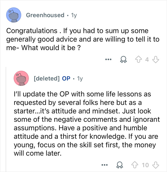 Screenshot of an online discussion where a person shares advice on attitude, mindset, and skill set for success with billionaire families.