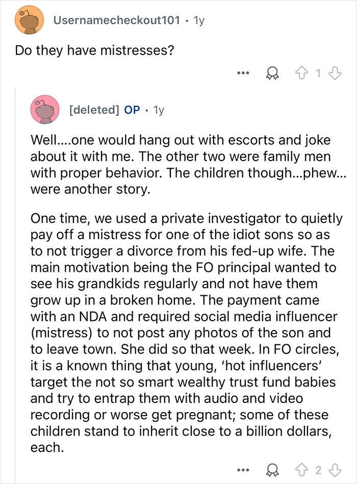 Reddit conversation revealing questions about mistresses and private investigations in billionaire families' private lives.