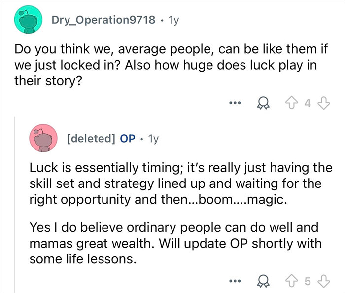 Reddit conversation discussing luck, skill, and strategy from a person who worked with billionaire families.