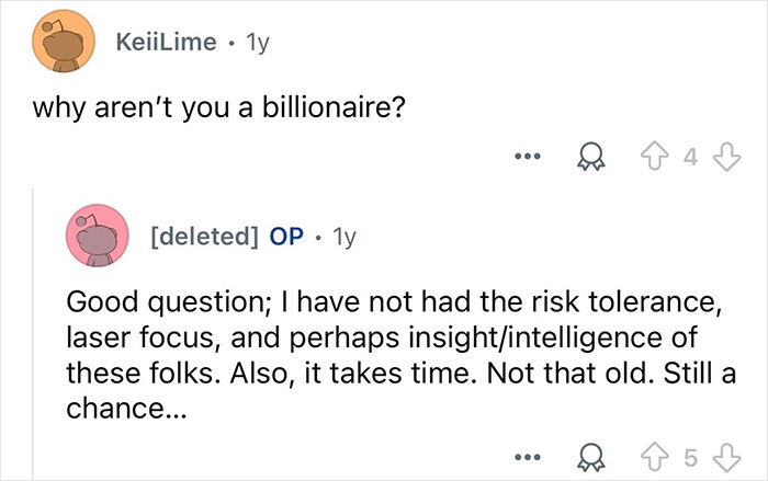 Reddit conversation screenshot showing a user asking about billionaire status and a reply about risk tolerance and focus.