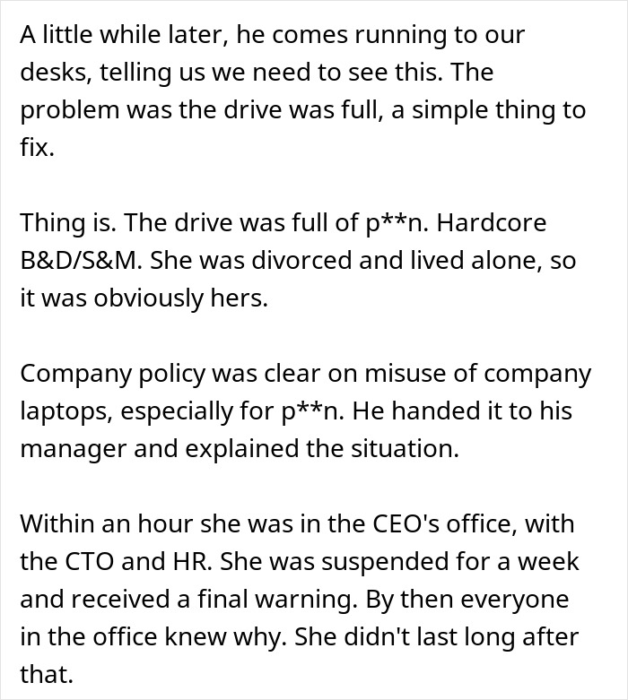 Screenshot of a text describing a company laptop misuse issue related to server down business hours and malicious compliance. Screenshot of a text describing a company laptop misuse issue related to server down business hours and malicious compliance.