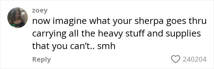 Comment discussing the challenges sherpas face carrying heavy supplies during Everest climbs sparking online debate risk. Comment discussing the challenges sherpas face carrying heavy supplies during Everest climbs sparking online debate risk.