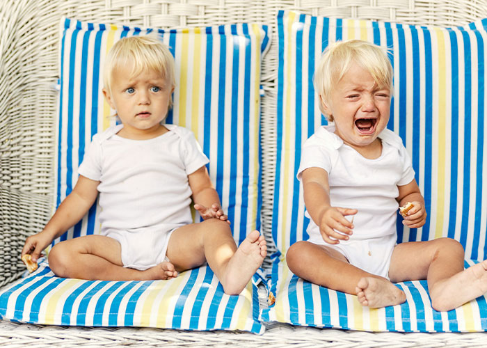 Two young boys sitting on striped cushions, one looking confused and the other crying, reflecting family secrets and emotions.