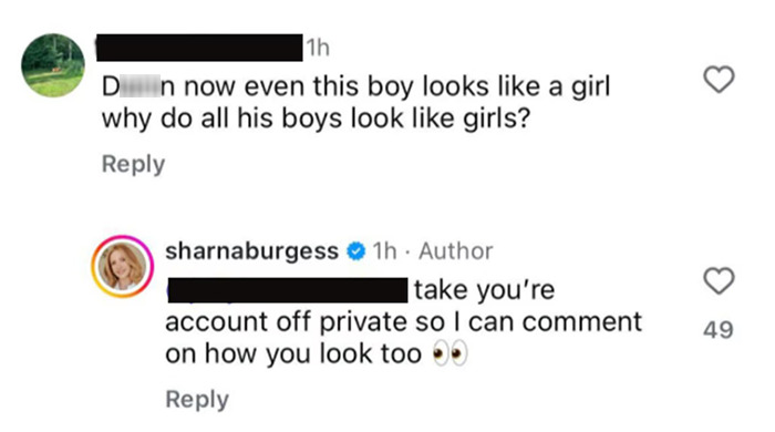Instagram comment showing Dancing With The Stars pro responding to trolls about her 3-year-old son's feminine appearance.