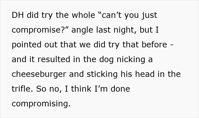 Text message about a therapy dog causing trouble by eating food and the decision to stop compromising. Text message about a therapy dog causing trouble by eating food and the decision to stop compromising.