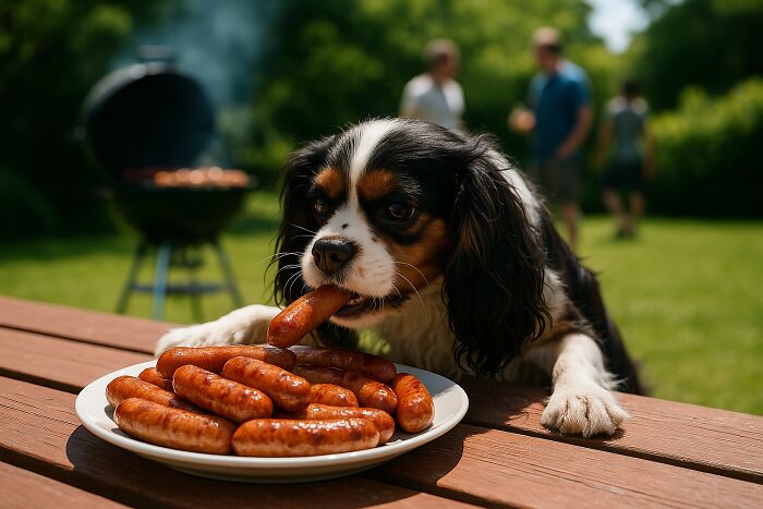 Small dog at family BBQ trying to take sausages, therapy dog banned after unwelcome behavior. Small dog at family BBQ trying to take sausages, therapy dog banned after unwelcome behavior.