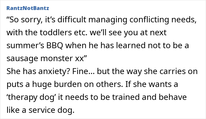 Text post discussing therapy dog behavior at family BBQ, highlighting conflict over dog training and anxiety management. Text post discussing therapy dog behavior at family BBQ, highlighting conflict over dog training and anxiety management.