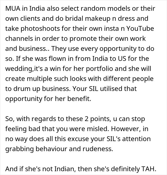 Woman pretending to be the bride at SIL&rsquo;s wedding, dressed in bridal attire among wedding guests.