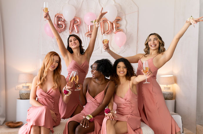 Bride and bridesmaids in pink dresses celebrating with champagne, highlighting family dynamics at a wedding event.