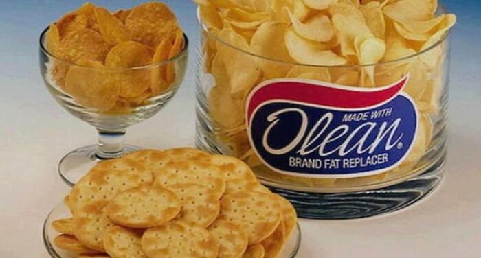 A display of snack crackers and chips in clear bowls highlighting a brand fat replacer, illustrating a next big thing that totally flopped.