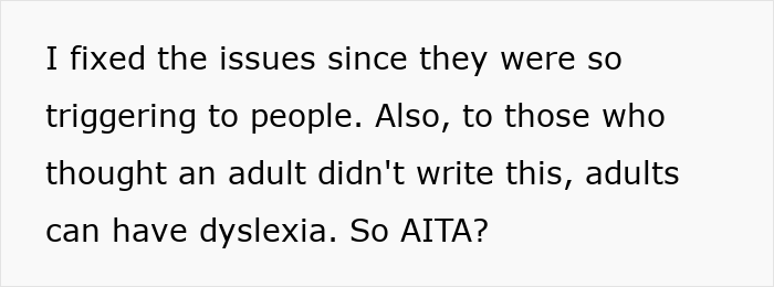 Text discussing issues fixed and mentioning adults with dyslexia asking if they are the antagonist in a situation.