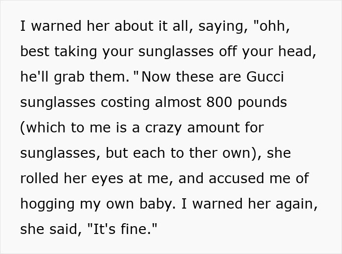 Text excerpt mentioning Gucci sunglasses costing &pound;800 and a warning about a baby possibly breaking expensive items like a friend&rsquo;s iPhone.