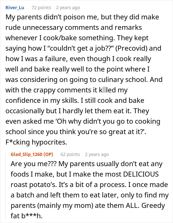 Commenters discuss parents&rsquo; food causing sickness and doubts, highlighting struggles with cooking, confidence, and family dynamics.