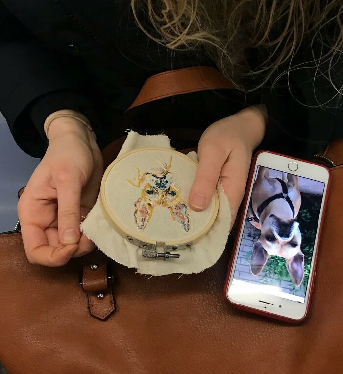 Person on New York subway holding embroidery hoop with dog portrait and phone showing photo of the same dog.