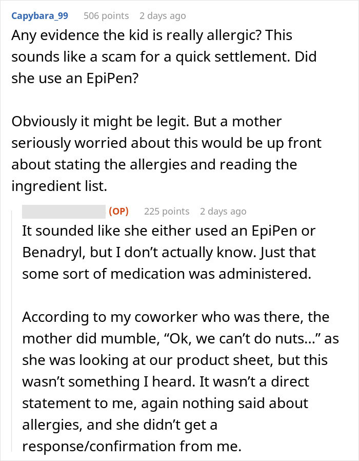 Comment text discussing a kid with nut allergy grabbing a sample and the worker blamed for giving it to him. Comment text discussing a kid with nut allergy grabbing a sample and the worker blamed for giving it to him.