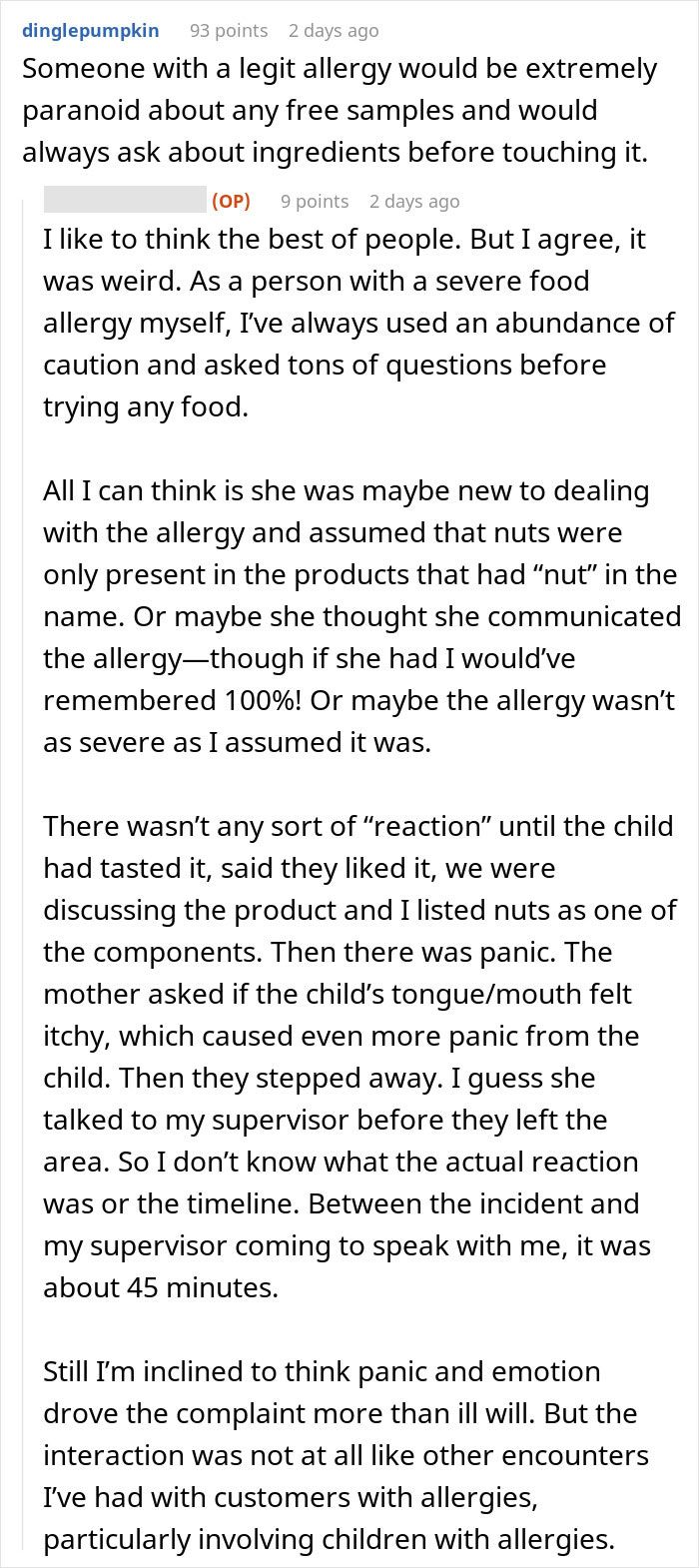 Online discussion about kid with nut allergy grabbing sample and worker blamed for giving it to him with varied viewpoints. Online discussion about kid with nut allergy grabbing sample and worker blamed for giving it to him with varied viewpoints.