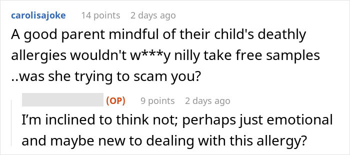 Screenshot of an online discussion about a kid with nut allergy and a worker blamed for giving a sample causing concern. Screenshot of an online discussion about a kid with nut allergy and a worker blamed for giving a sample causing concern.