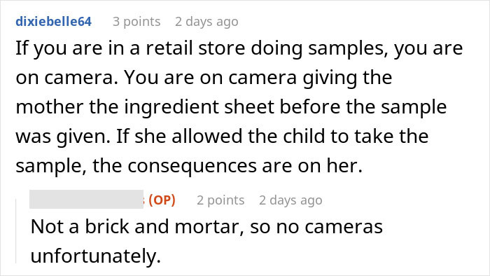 User comments discussing responsibility and lack of cameras in a nut allergy sample incident with a child. User comments discussing responsibility and lack of cameras in a nut allergy sample incident with a child.